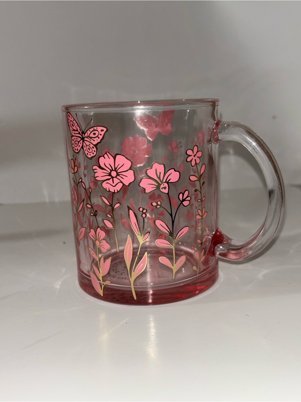 Pink Floral Glass Mug with Butterfly Accent